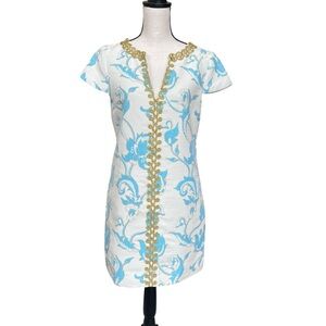 Tibi White and Sky Blue Floral Dress with Gold Trim